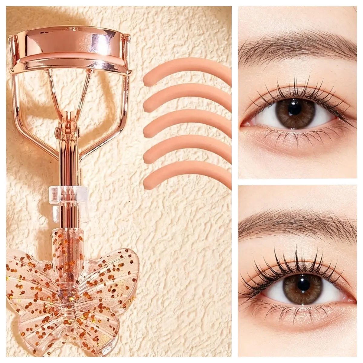 1PCS Butterfly Glitter Handle Eyelash Curler, Wide Angle Lash Curler for Long‑Lasting Curl, With Replacement Rubber Pads, Beginner Friendly Makeup Tool