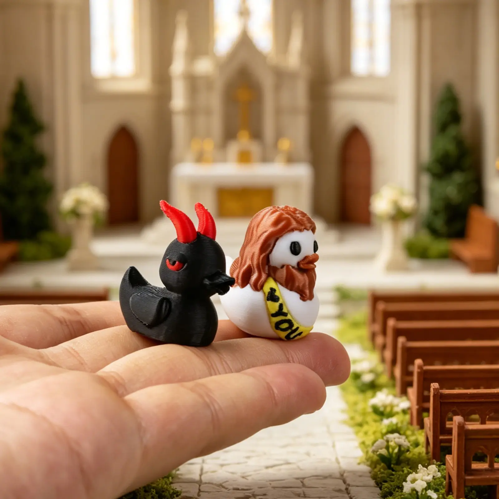 Mini Resin Jesus Devil Duck Statue, Figurine, DIY Decoration Craft, Moss Landscape Ornament, Halloween Decor, Portable Party Ornament, Decorative Piece