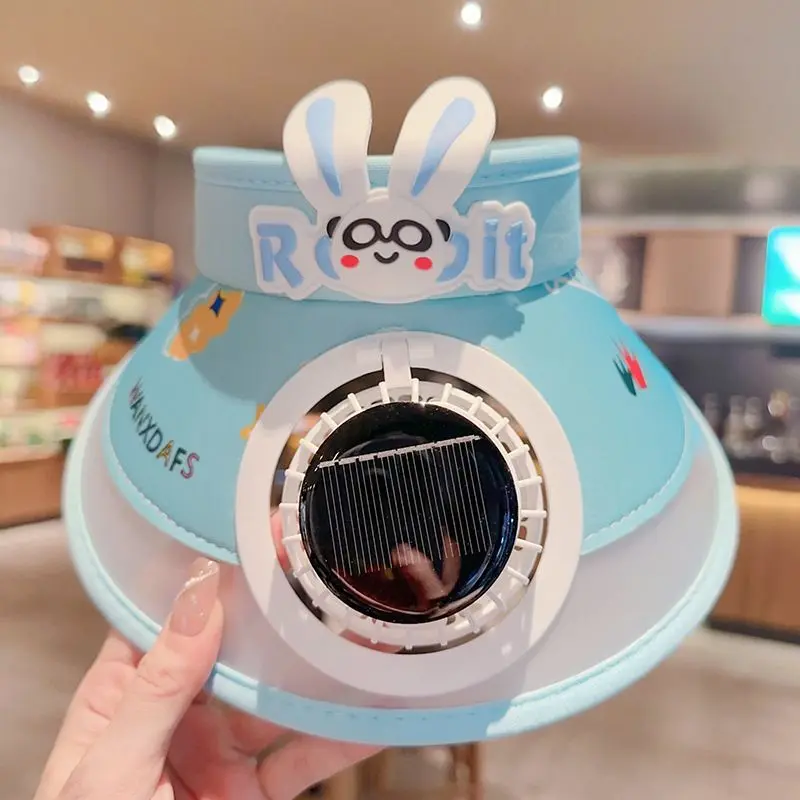 Kids Unisex Outdoor Cooling Visor Hat with Rabbit Ears Solar-Powered and USB Fans Adjustable Strap Soft Fabric Water-Resistant Camo Snapback for Cycling Beach Summer Sports Outdoor Play