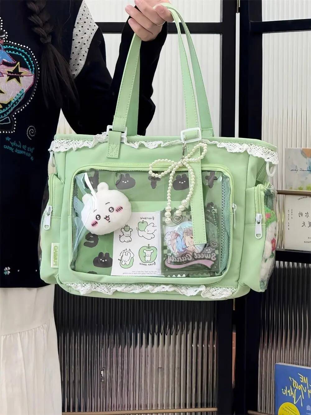 Japanese Sweet Women Ribbon Ita Bag Fashion Large Capacity Tote Bag Aesthetic Shoulder Bag Cute Lolita Girl Transparent Handbags