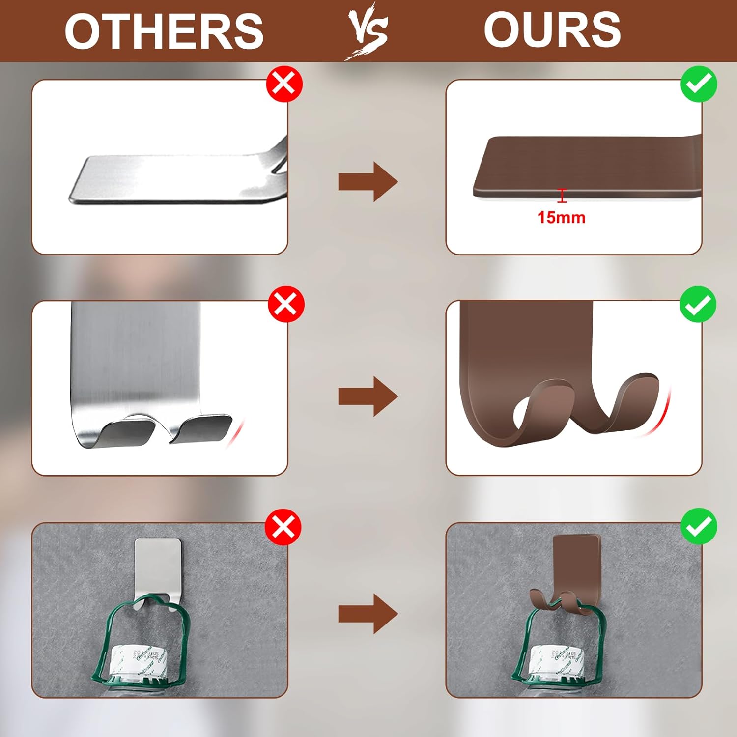 4 Pack Shower Hooks - Self Adhesive  Holder Hanger for Bathroom,  Free Wall Hooks for Razor, Loofah Sponge - Brown