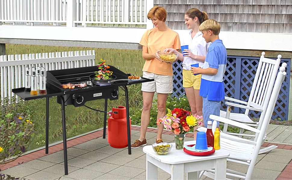 ROVSUN 2 Burner Outdoor Propane Gas Stove with Regulator, Windpanel, Bag & Side Shelves, 150,000 BTU Powerful Stand Cooker for Backyard Cooking Camping Home Brewing Canning Turkey Frying
