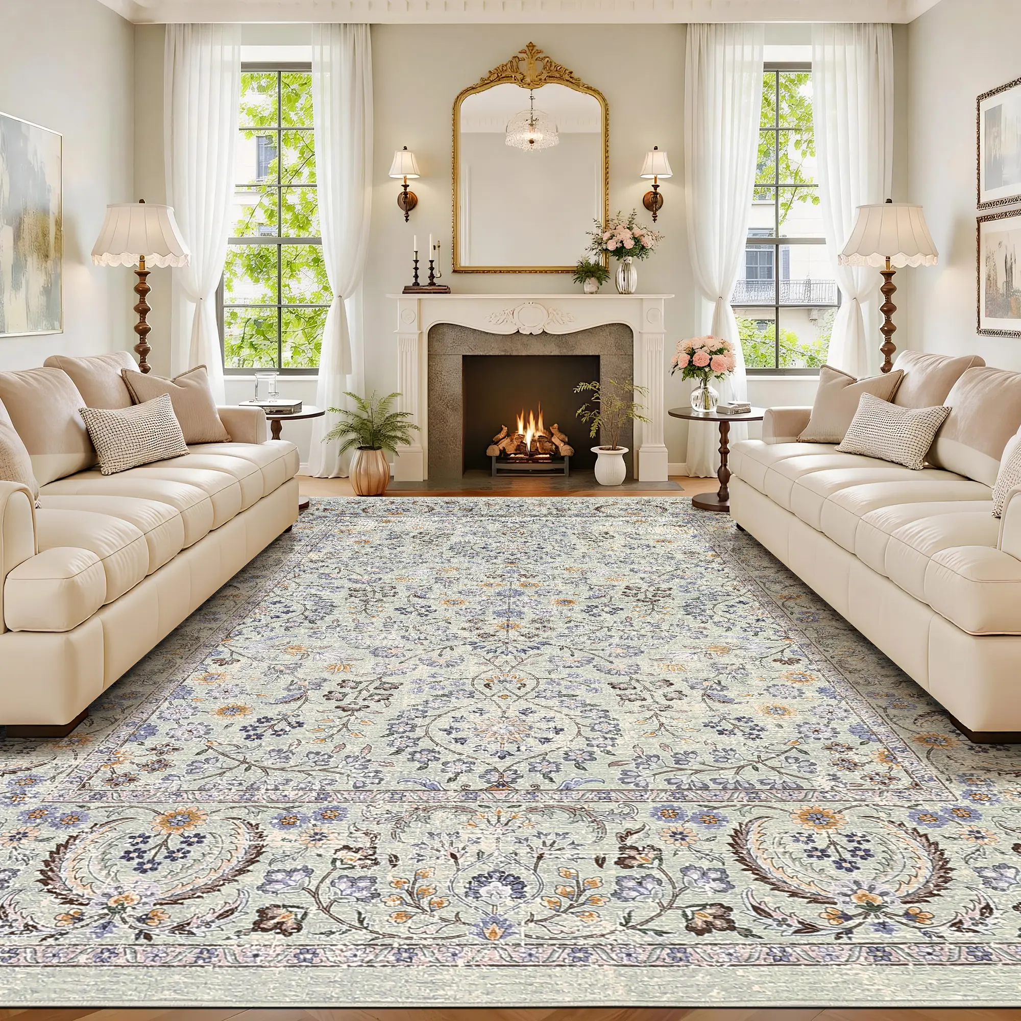 Vintage Boho Area Rug, Washable Floral Non-Slip Low-Pile Rug, Stain Resistant Soft Carpet for Living Room, Bedroom, Dining Room, Kids Nursery