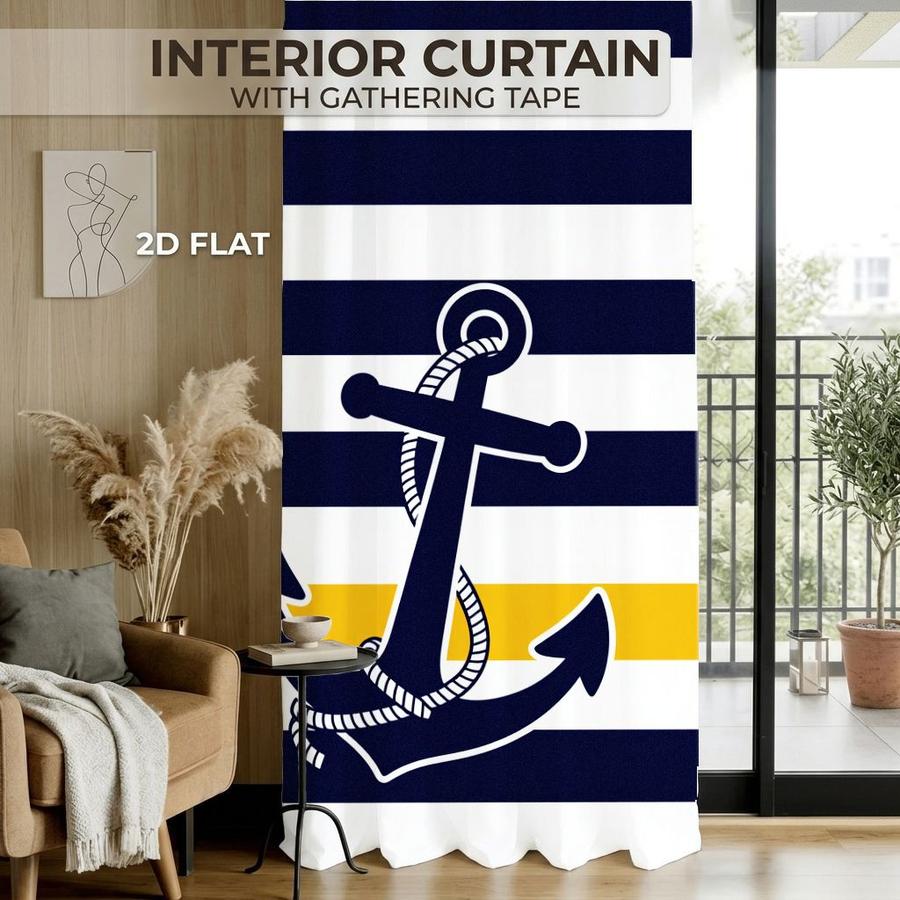 2Pcs Nautical Style Anchor Horizontal Stripes Sun Blocking Curtains Digital Printed Rod Pocket, Window Treatment For Bedroom Office Kitchen Living Room Study Home Decor