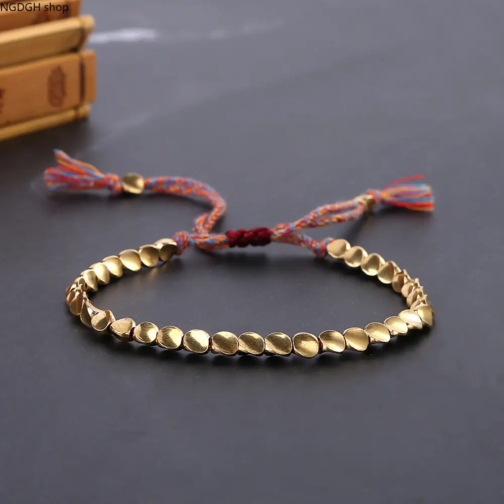 Unisex Beaded Bracelet with Beading Pattern, Soft Gold Metal Beads, Cord Tie - Boho Sports & Outdoor Accessory for Daily Wear, Everyday Use