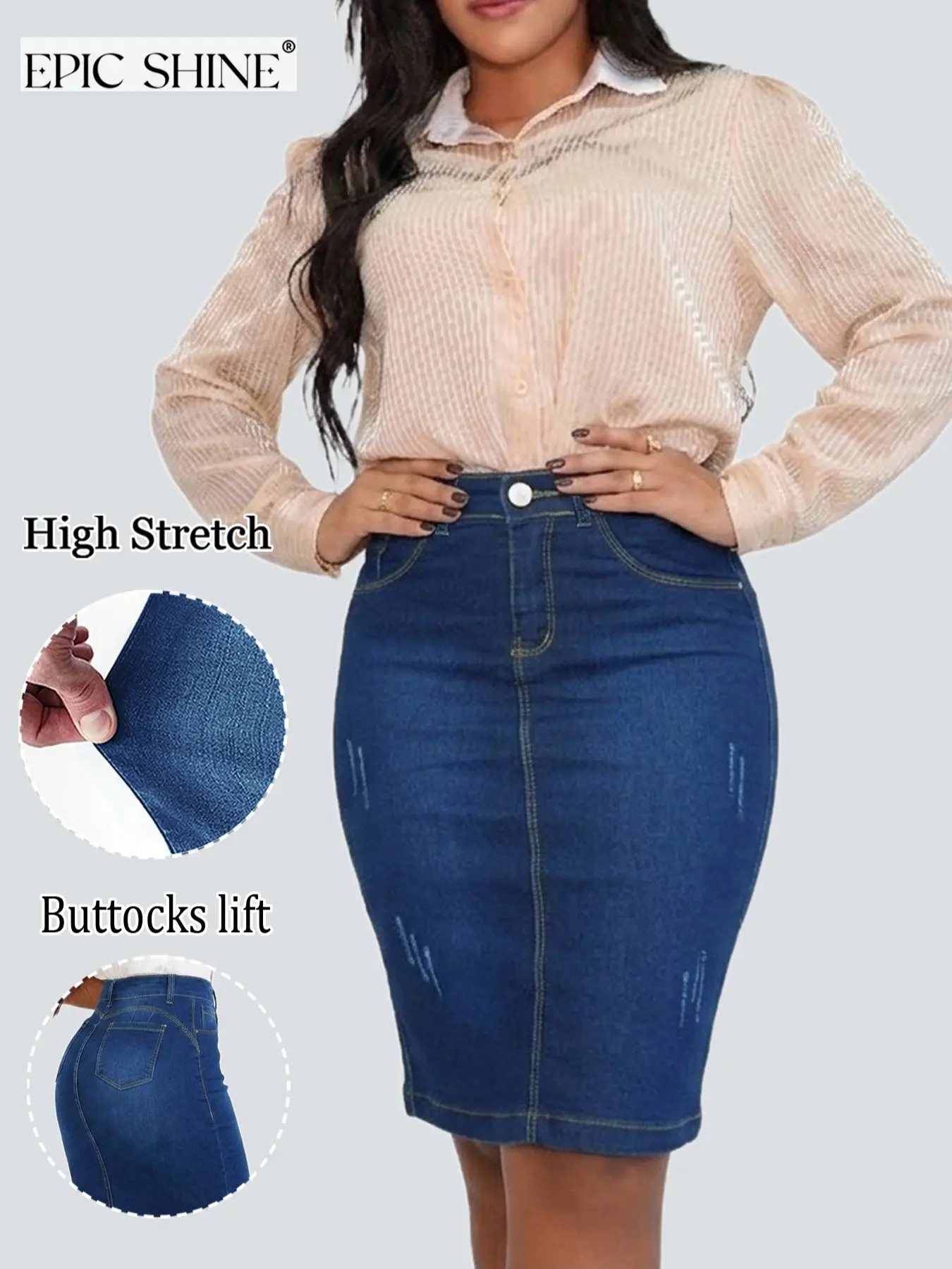 Women's High Waist Stretch Denim Skirt, Elegant Mid-Length Button Zipper Design, Versatile Office Wear, Suitable for All Seasons