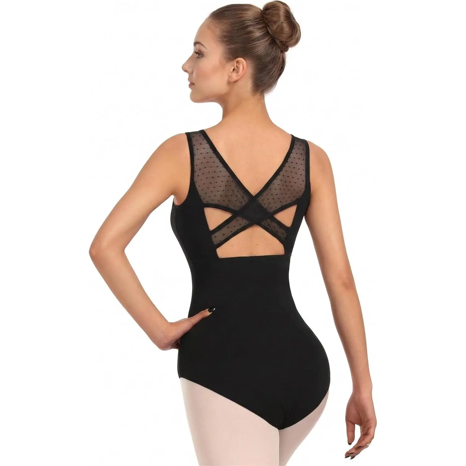 Female Short Sleeve Leotard with Dot Pattern Lace Mesh and Crisscross Back, Tight Bodysuit for Gymnastics, Ballet, Party, Role Play, Birthday Gift, Wedding, Festival, Daily Wear