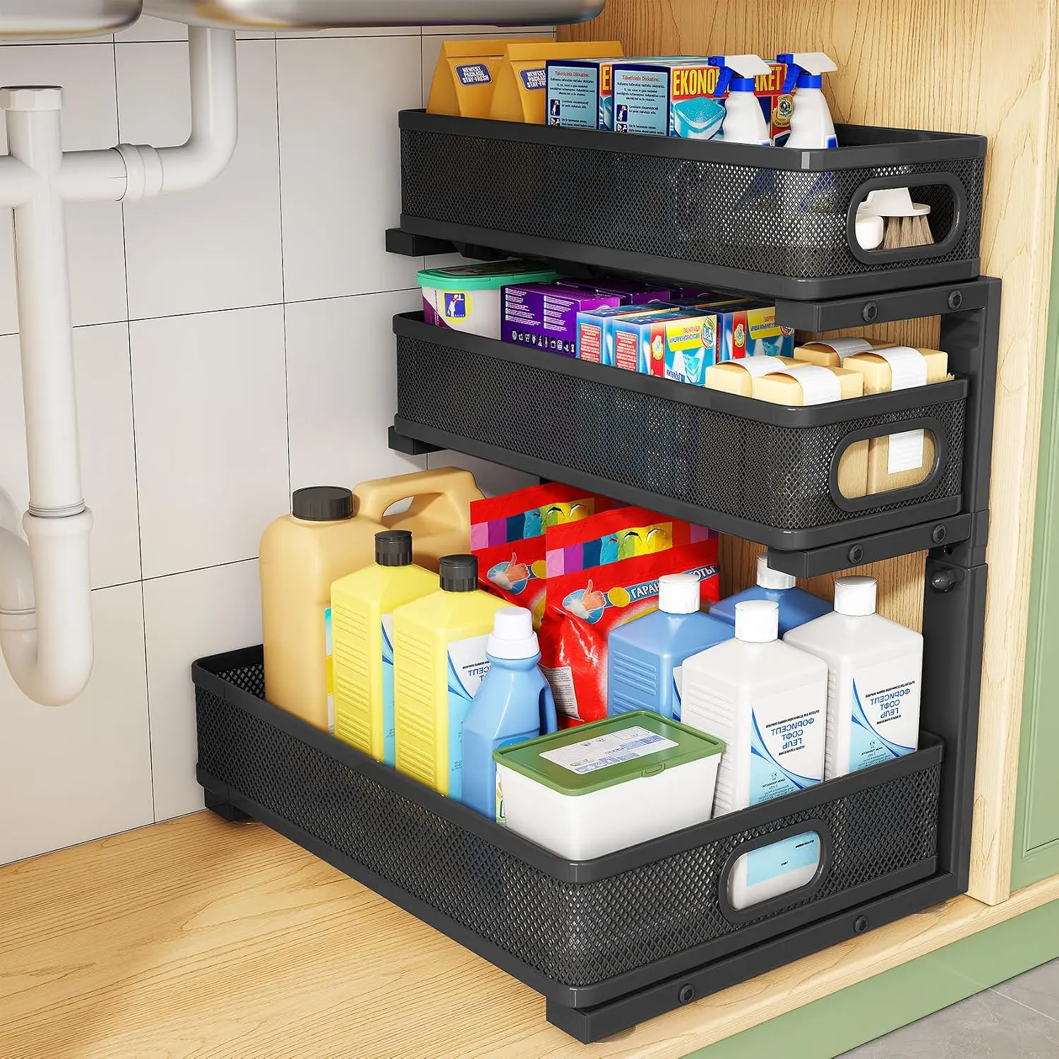 Under Sink Organizer, 1-Pack 3-Tier Height Adjustable Thickened Metal Pull out Cabinet Organizer Shelf, Slide out Storage Drawer Rack for Bathroom Kitchen Pantry  Laundry Organization