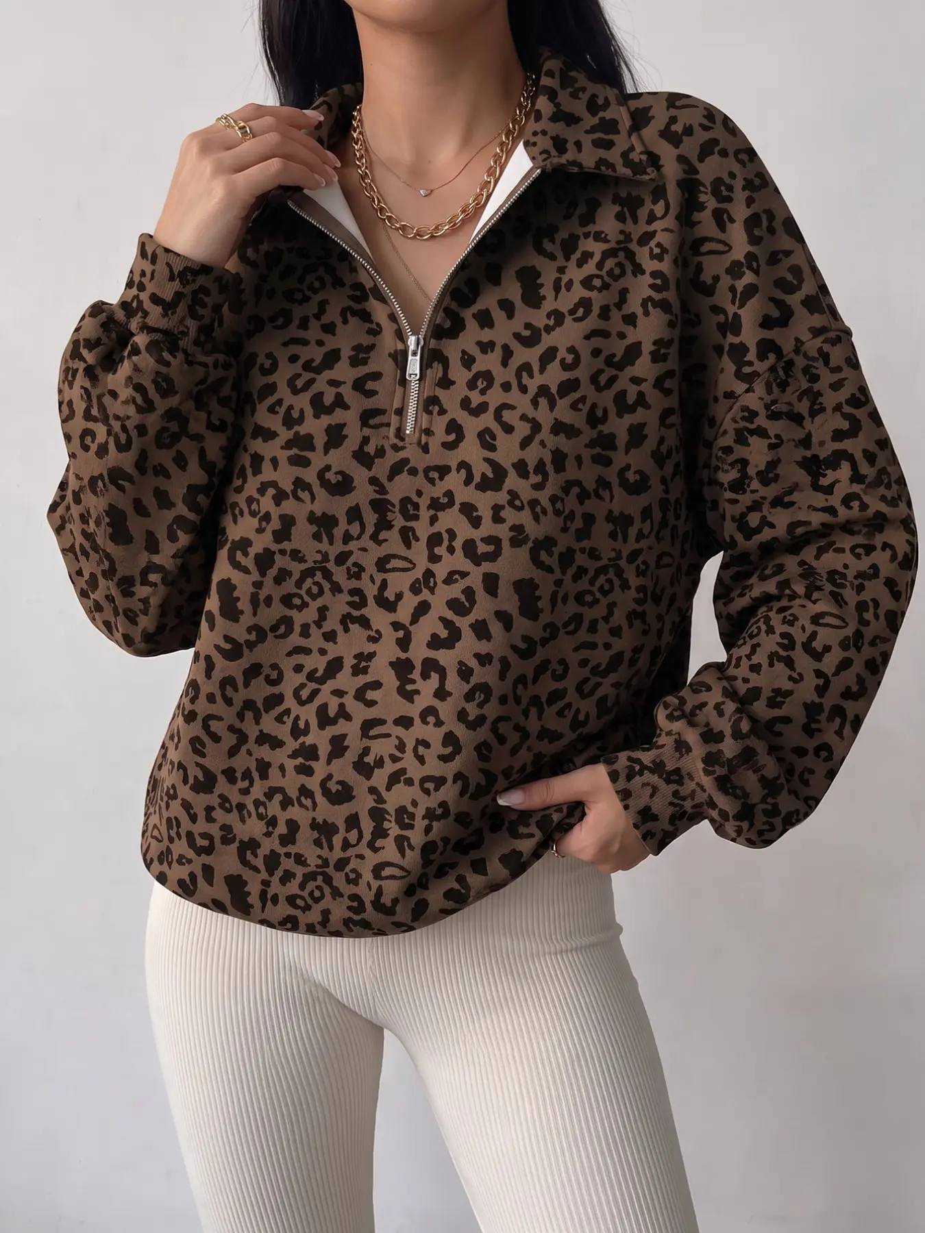 Women's Brown Leopard Print Half Zip Polo Collar Sweatshirt, Loose Drop Shoulder Lantern Sleeve Pullover Top, Retro Casual Y2K Streetwear for Daily Autumn & Winter Outfits