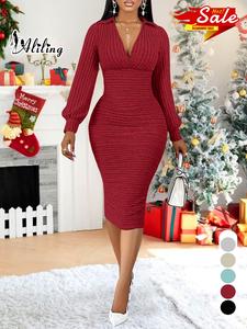 elegant slim-fitting long sleeve midi dress with v neck, spring & fall women's fashion, stylish waist-tie knit dress for casual occasions