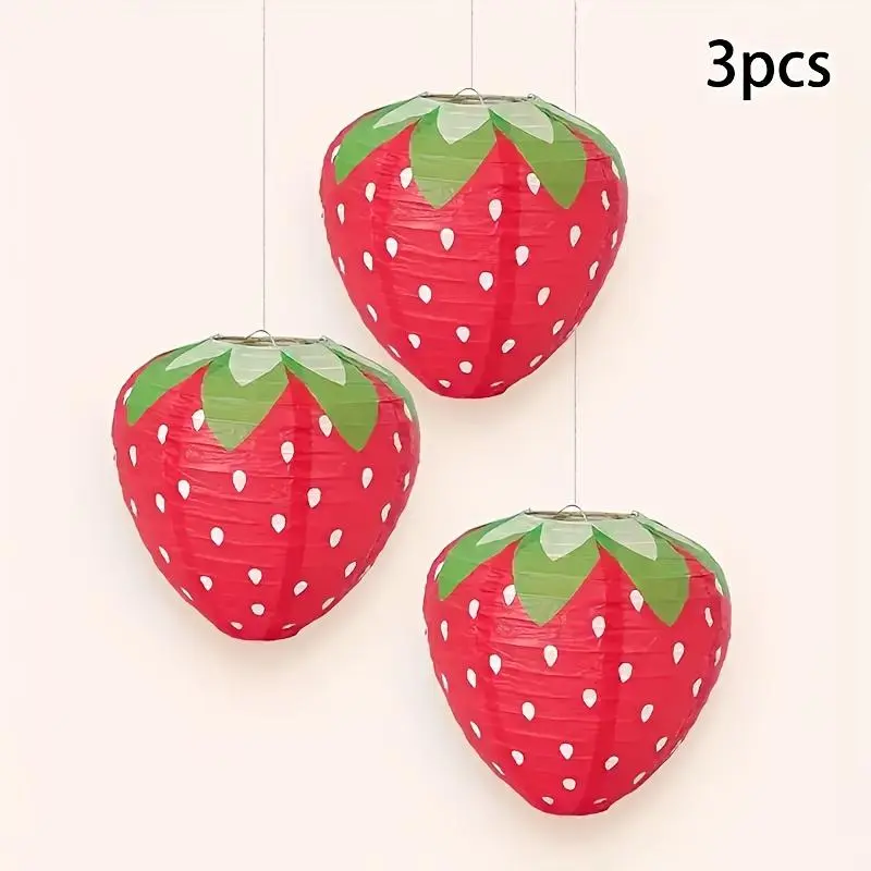 3pcs Strawberry Paper Lanterns, Festive Pink and Red Hanging Decorations, Happy Birthday Party Supplies, No Electricity/Batteries Required, for 14+ Age Group