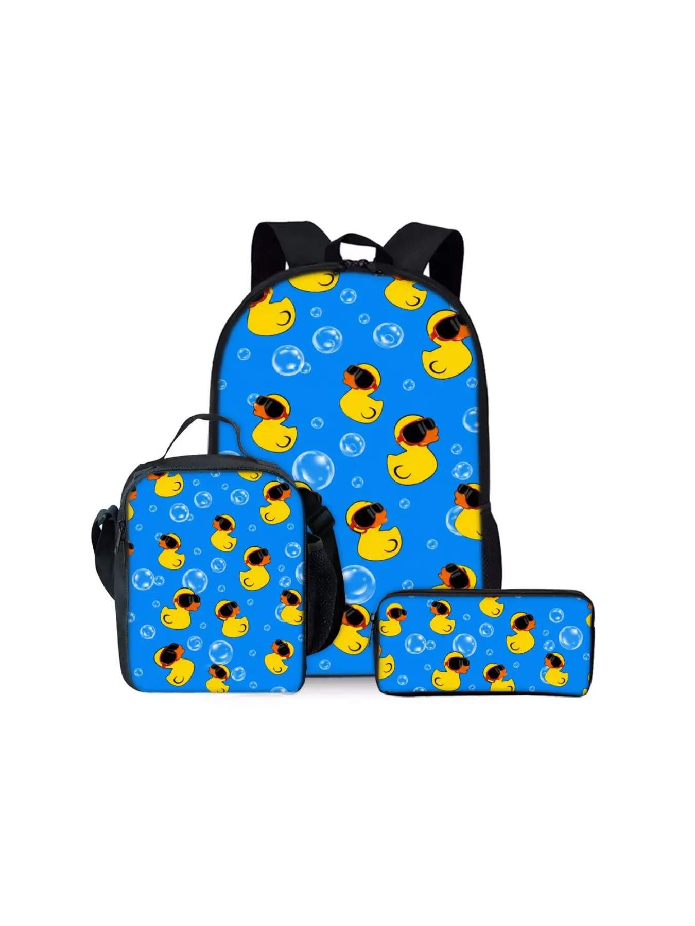 2D Printed Little Yellow Duck Backpack 3-Piece Set, Large Capacity & Lightweight Combo, ideal for outdoor trips and daily school use. complete kit includes a backpack, lunch bag, and pencil case, perfect as holiday gifts for kids and friends, Daypacks