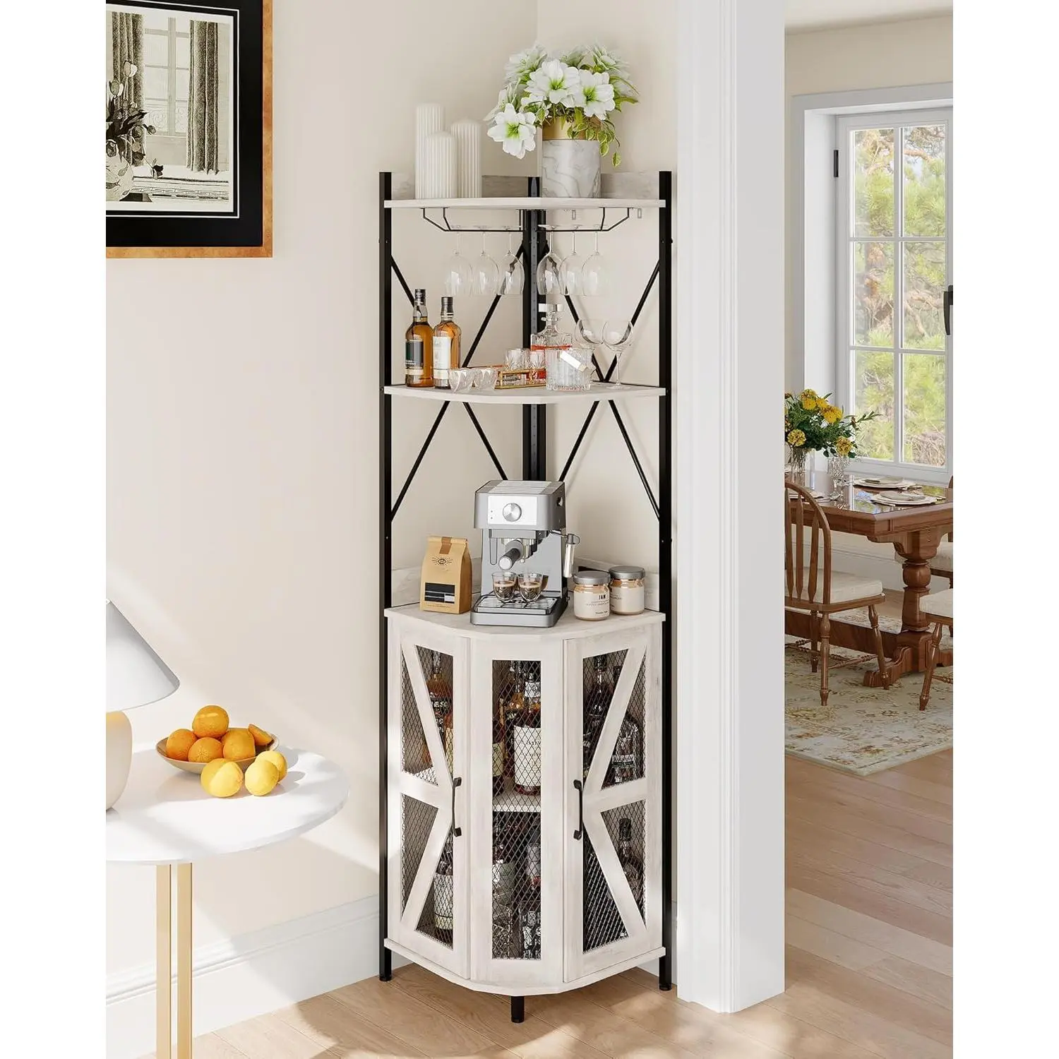 72" Industrial Corner Wine Cabinet with Power Outlet & LED Strip – Mesh Door Liquor Storage with Glass Holder, 5-Tier Bar Display Unit for Small Space
