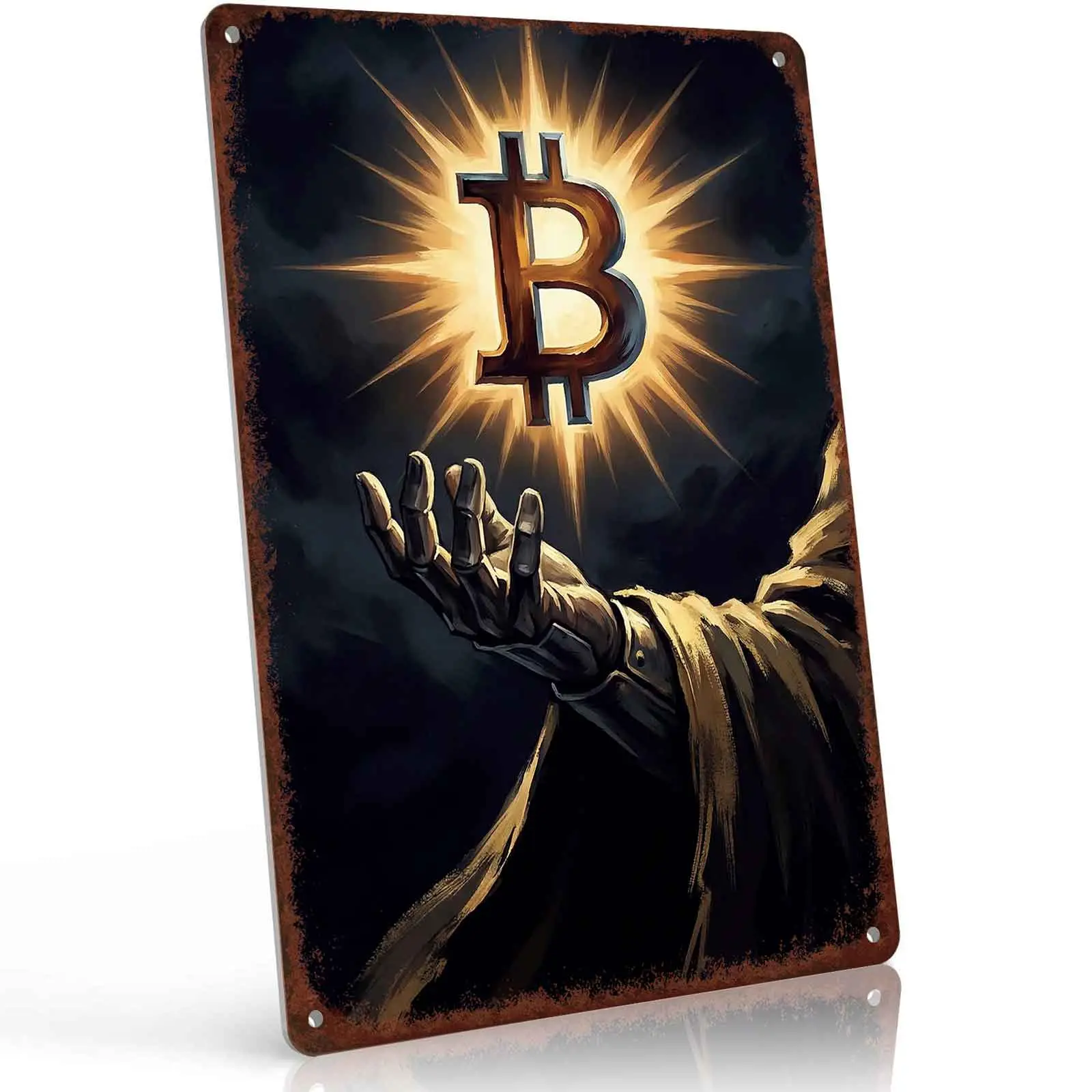 Retro Bitcoin Aluminium Hand Sign, 8x12 Inch Metal Wall Decor Plaque for Crypto Room Man Cave, Home Office Living Room Wall Art