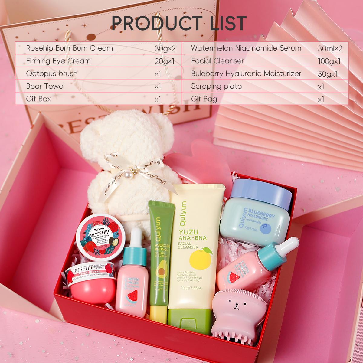 Fruit Themed Skin Care Gift Box, Spa Gift Set, Moisturizing Set, Skin Rejuvenating Set, 1 Box Moisturizing Skin Care Kit, Including Facial Cleanser, Eye Cream, Facial Serum, Face Cream, Bear Towel, Scraper, Brush