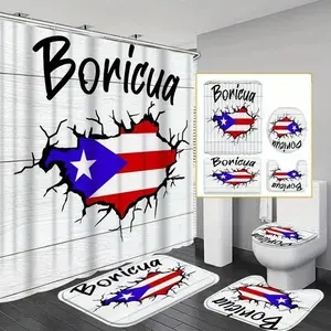 1/4pcs Puerto Rico Flag Pattern Bathroom Decorations, 4 CountsSet Including Shower Curtain & Toilet U-shape Mat & Bathroom Mat & Toilet Lid Cover, Bathroom Decor Supplies, Bathroom Decoration Accessories
