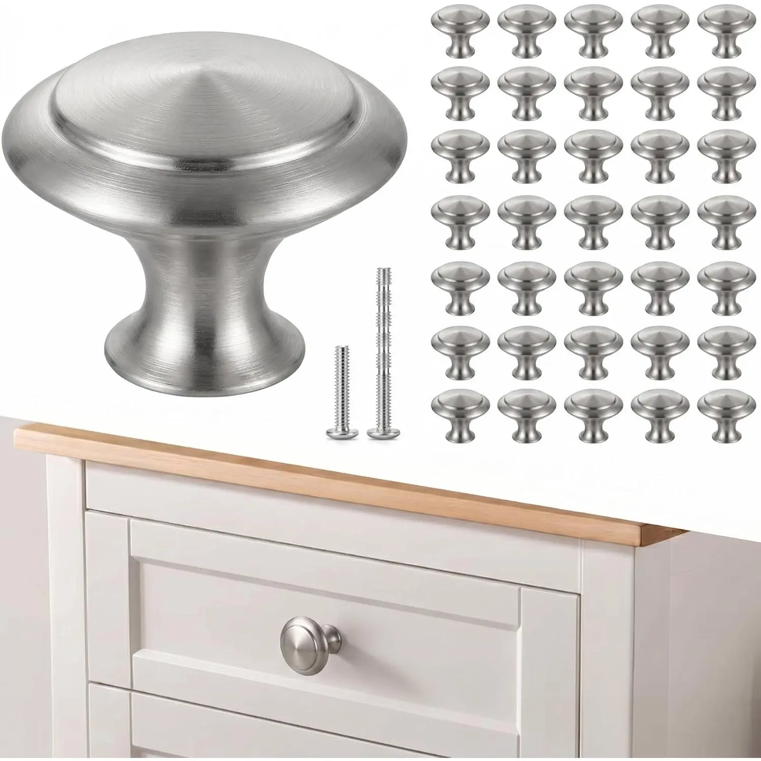 35-piece set of cabinet knobs, 1-1/2 inches (30mm), brushed nickel round drawer knobs, stainless steel top and zinc alloy base, suitable for kitchen cabinets, dressers, and bathroom cabinets (screws included)