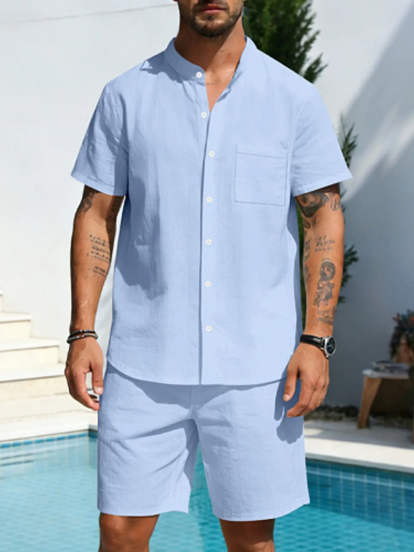 Men's Summer Linen Breathable Set, Stand Collar Single Pocket Short Sleeve Shirt, Solid Color Loose Fit Shorts, Beach Vacation Tropical Casual Style