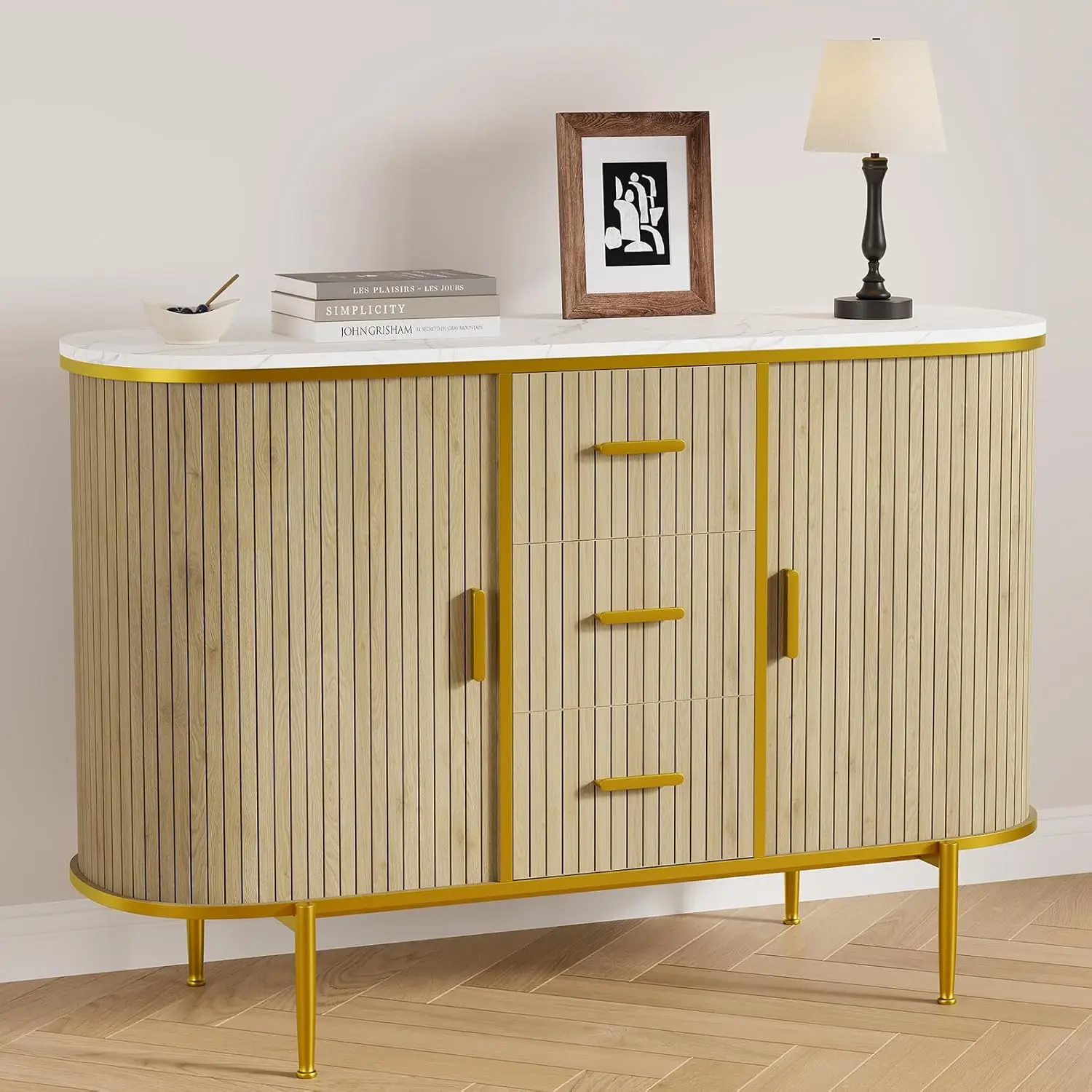 Sideboard Buffet Cabinet with multiple Storage, Fluted Console Cabinet with Metal Legs & 3 Drawers, Faux Marble Top, Mid Century Modern Cabinets  for Dining Room, Living Room, Entryway