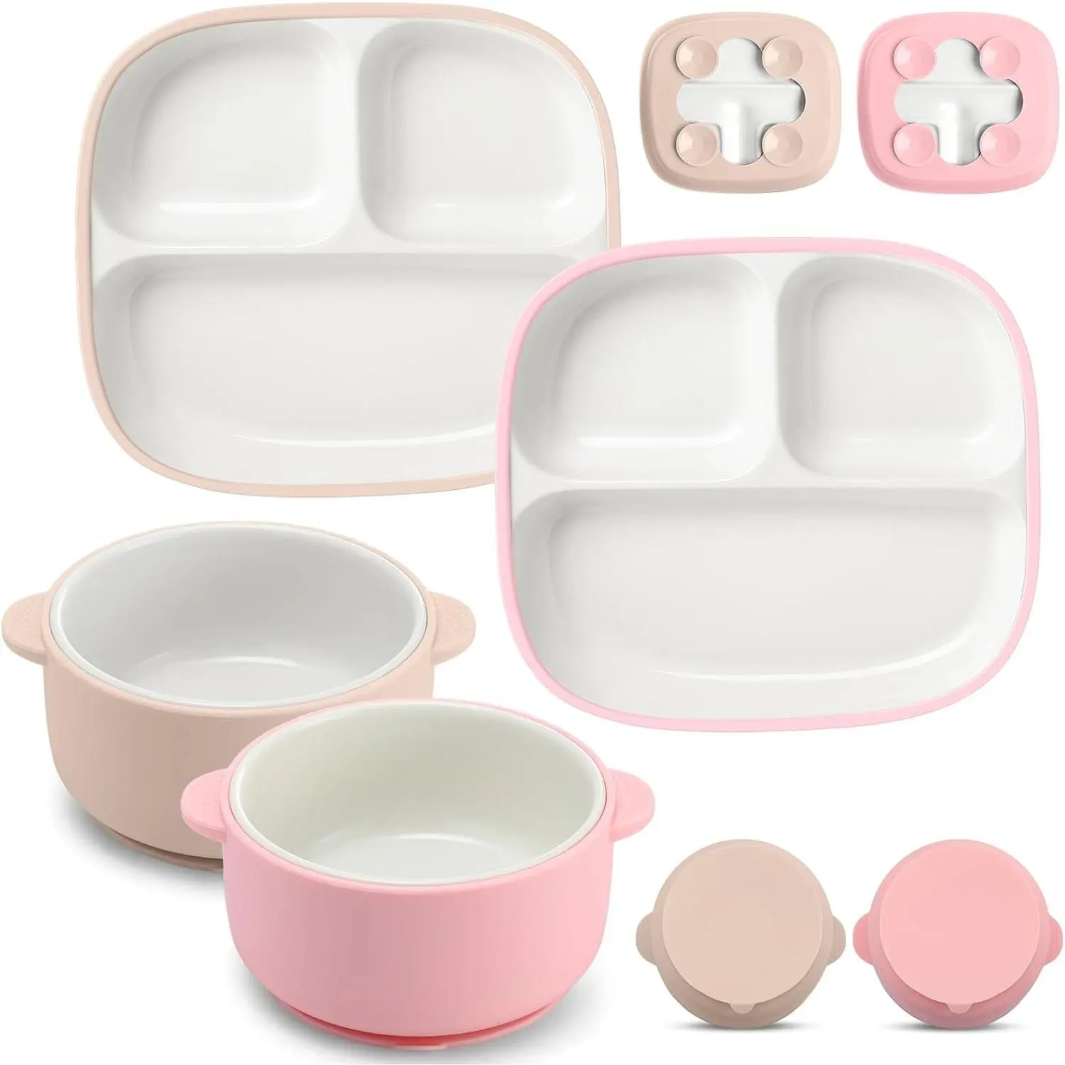 4 Pcs Square Porcelain Kid Plate & Bowl Set with Suction, 2 Ceramic Toddler Divided Plates 2 Baby Anti-slip Silicone Sleeve Bowl for Baby Feeding Supplies, Microwave Dishwasher Safe, Pink Beige