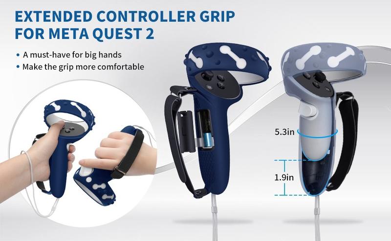 P-PDT014   Controller Grips for Oculus Quest 2, Extended Silicone VR Grips Cover Protector with Battery Opening, Knuckle Straps, Anti-Throw Hand Strap for Meta Quest 2 Accessories Blue