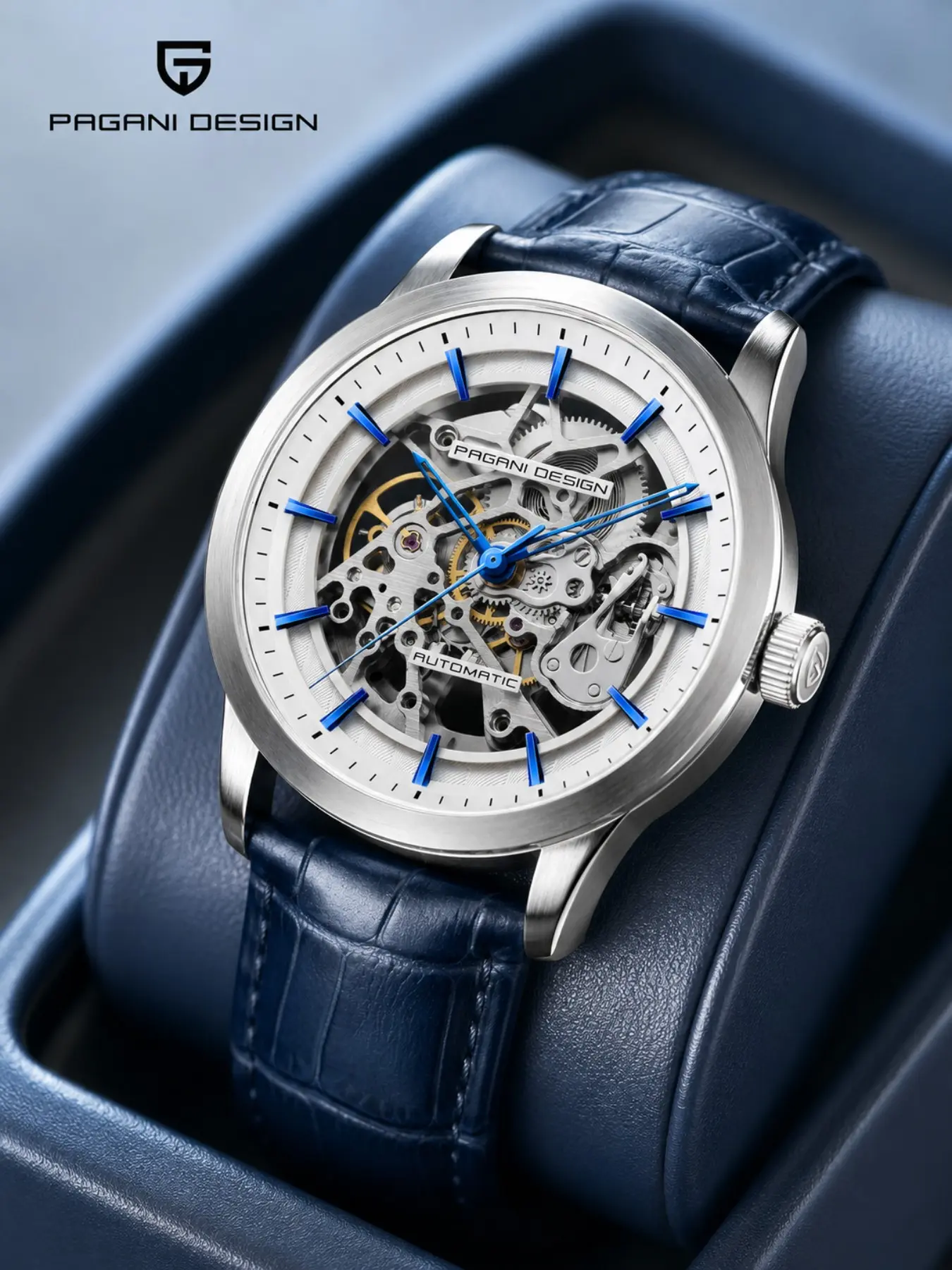 PAGANI DESIGN 2026 New Men's Skeleton Automatic Mechanical Watch, Stainless Steel Case, Blue Leather Strap, 30M Water Resistant Luxury Wristwatch for Men