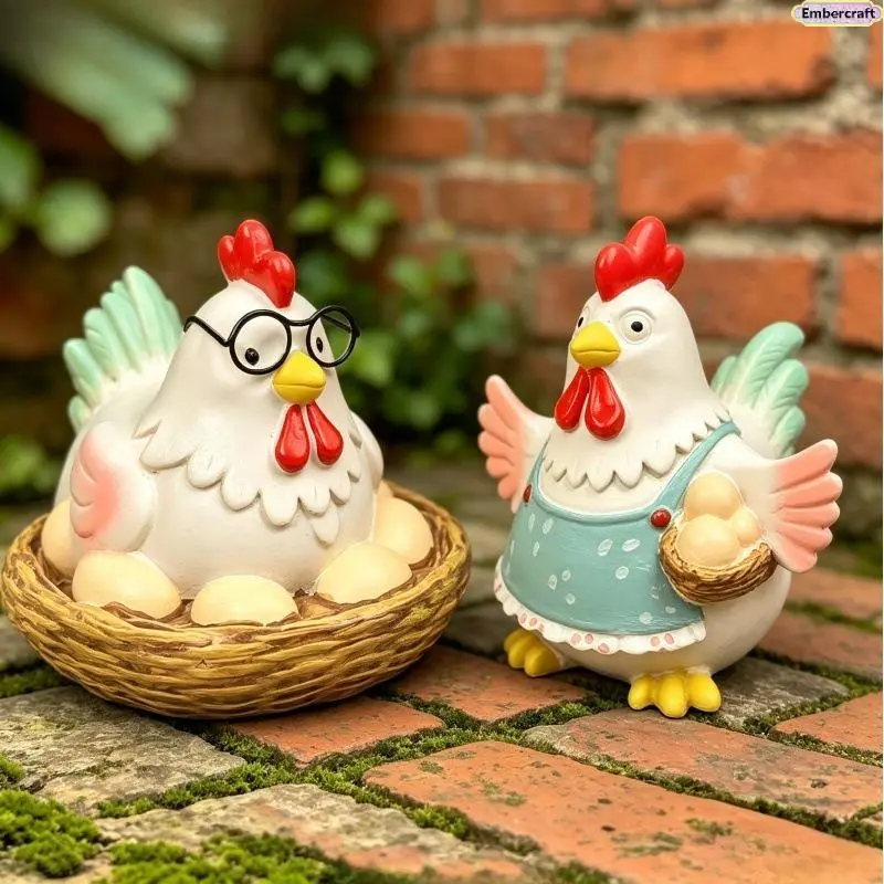 Viral Funny Glasses-Adorned Chicken Statue 2-Piece Set - Farmhouse Hatching Figurine, Rustic Outdoor Decor, Cute Desktop Accent, Decoration Gift for Lovers, Two Piece Set, Home Decor