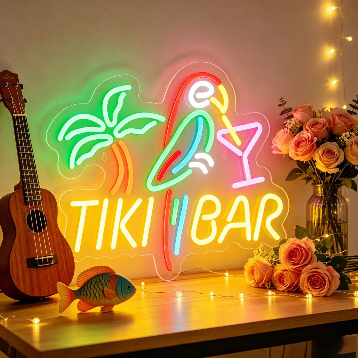 TIKI BAR Parrot Coconut Tree Cocktail Theme LED Neon Sign Multicolor USB Powered Light Wall-mounted Energy-saving LED Neon Light  Suitable for Tiki Bar, Family Bar, Tavern, Seaside, Pool Party, Tropical Theme Restaurant, christmas holiday decor landscape