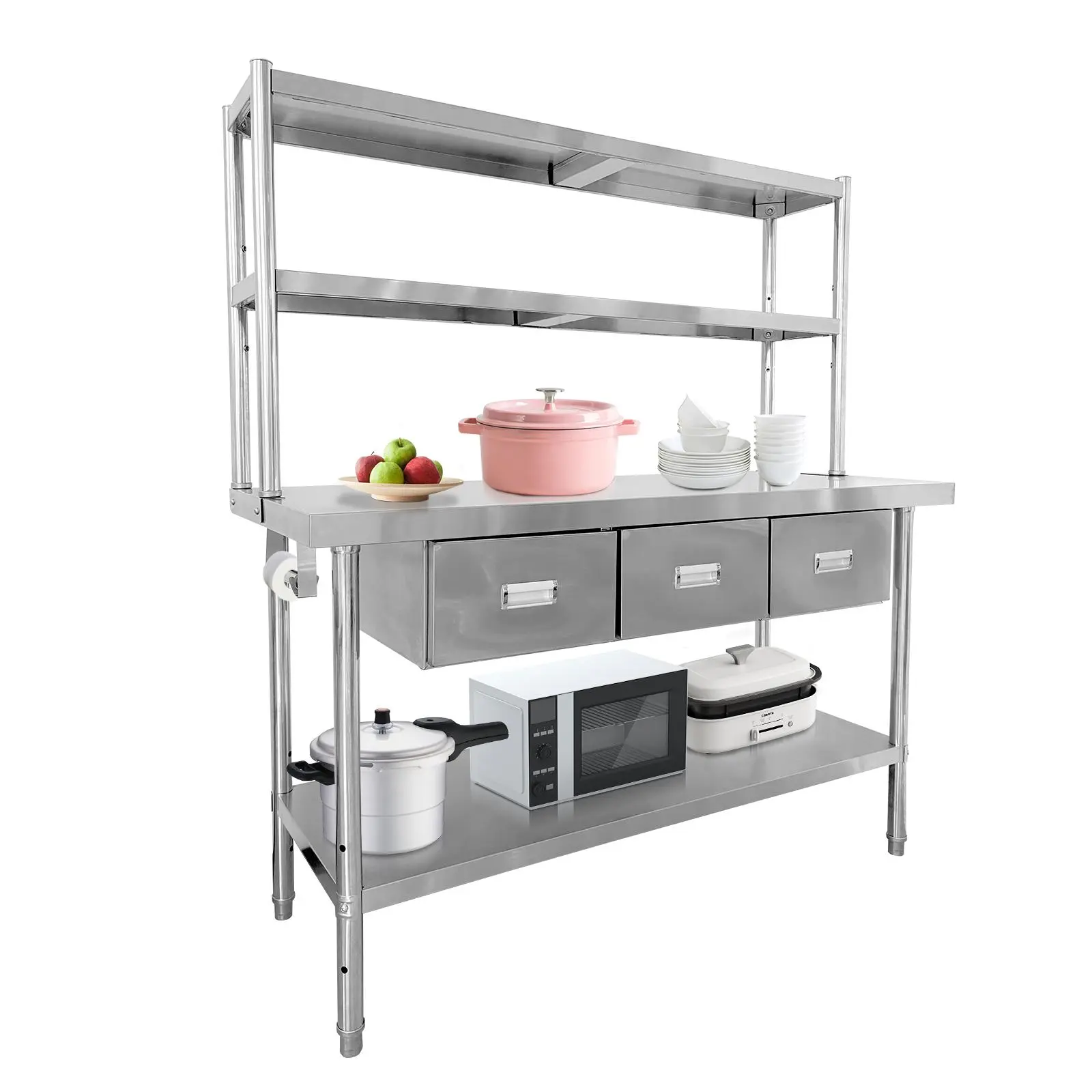 Stainless Steel Table with Drawers and Shelves,Metal Kitchen Prep Table,Multifunctional Worktable