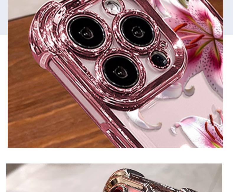 Phone case with pink lily design, compatible with iPhone 11/12/13/14/15/16/17 Pro Max, 14/15/16 Plus, X, & XS Max models, featuring a built-in chrome pink frame and drop protection.