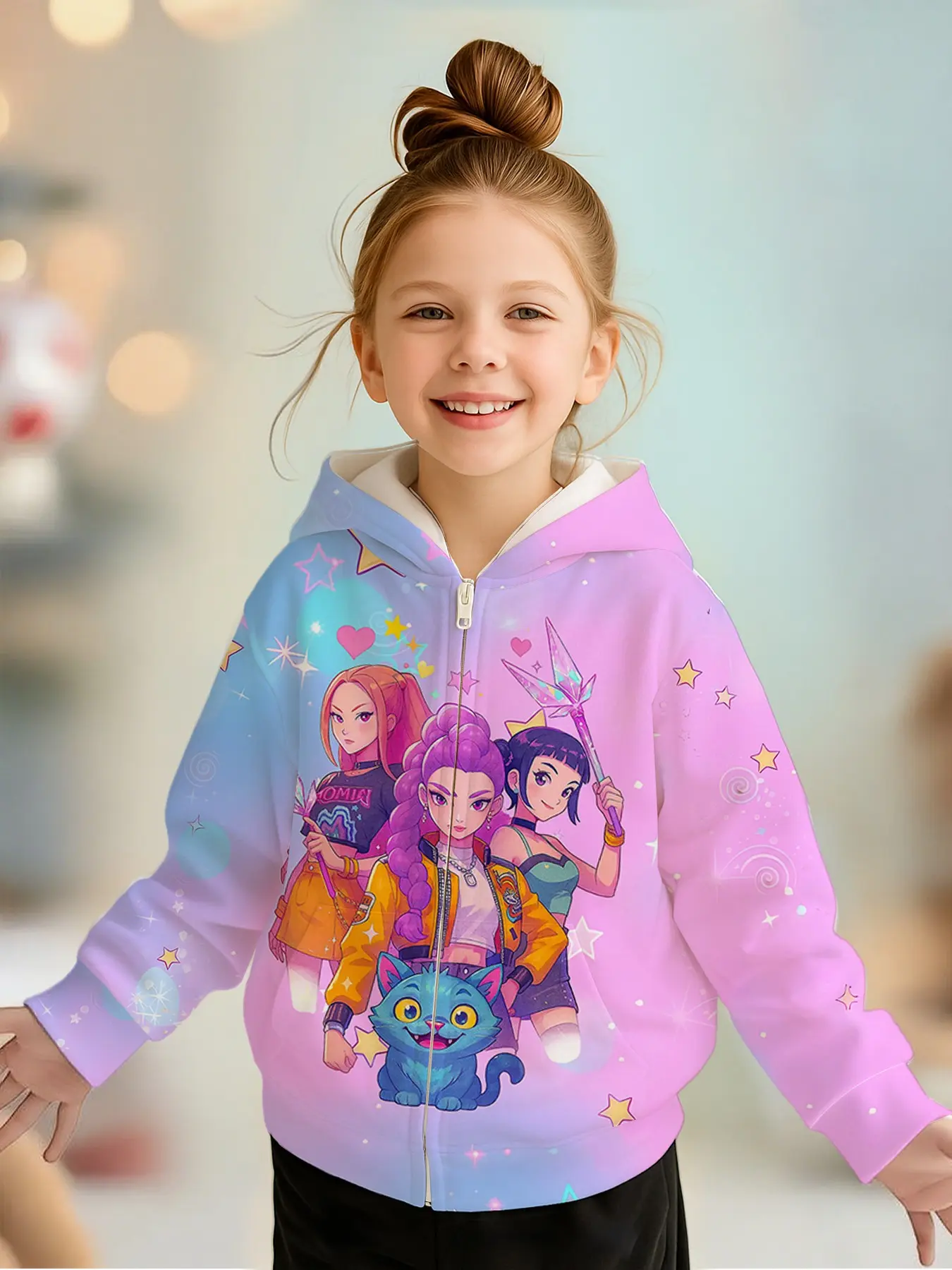Girls' Spring & Fall Zipper Hoodie Jacket, Gradient Blue Cat Print, Long Sleeve Loose Fit, Perfect for Christmas Gifts