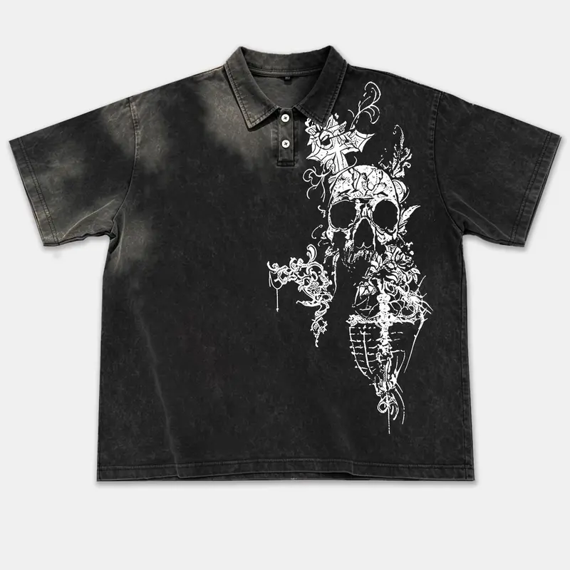 Unisex 100% Cotton Washed Vintage Gothic Skull All-Seeing Eye Cross Graphic Print Oversized Short Sleeve Polo Shirt Printed Polo Shirts | Menswear Printed Polo Tops Y2K Dark Aesthetic High Street American Retro Streetwear Top