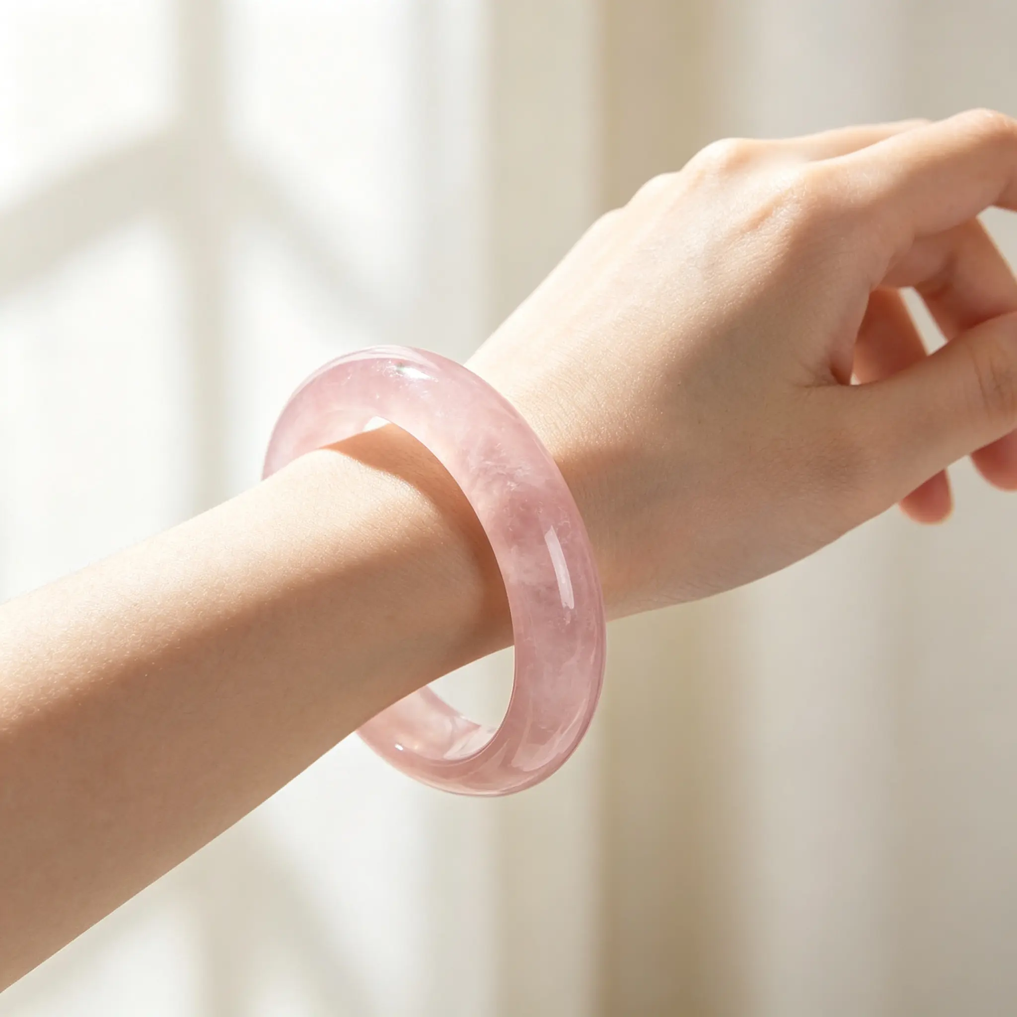 Women's Genuine Icy Transparent Rose Quartz Bangle - Hand-Polished Natural Pink Crystal Jewelry, Daily Wear Accessory, Birthday Holiday Gift healing stone