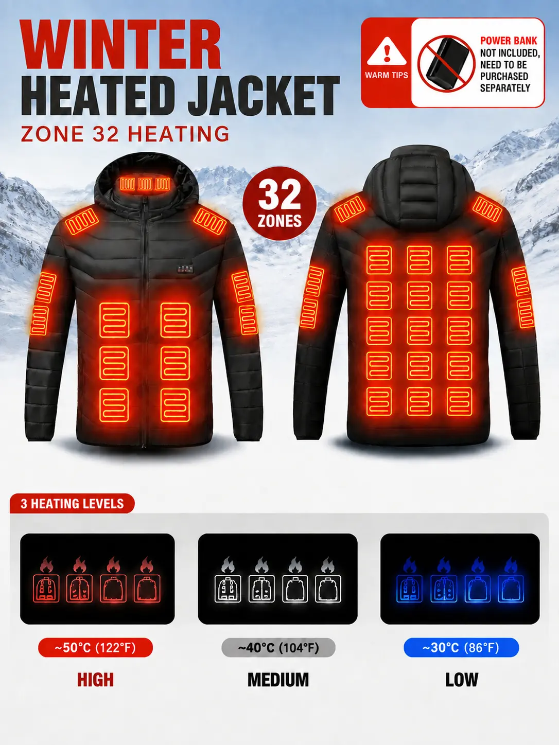 Men's heated jacket, unisex, 32-zone heating with 4 control switches, detachable hood, three-level temperature control electric coat, warm winter outdoor skiing and hiking, windproof winter jacket new model recommendation (power bank not included)