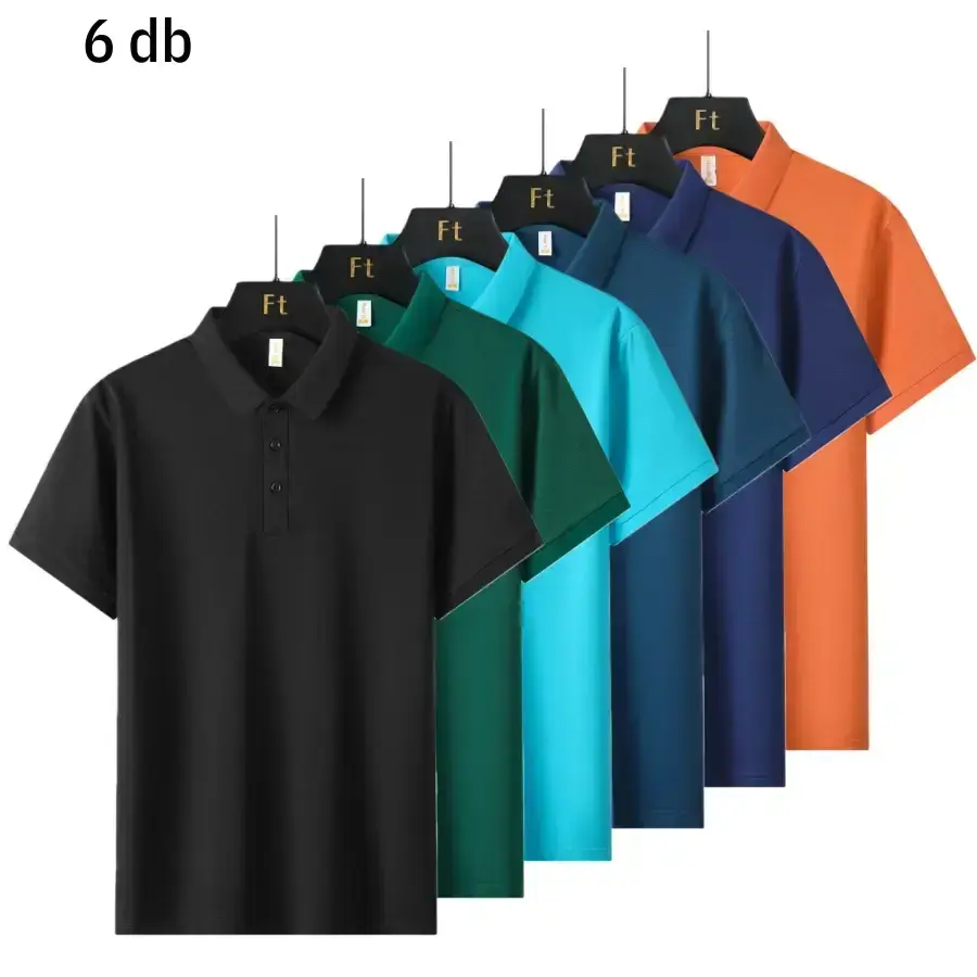Six solid color men’s polo shirts in a business casual style featuring a classic turn down collar design with refined button detailing. Short sleeves offer a versatile fit for multiple seasons, and the smooth, drapey fabric resists wrinkles. A slim silhou
