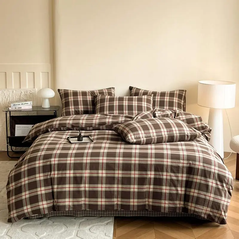 100% Cotton Queen Size 3-Piece Duvet Cover Set - Vintage Brown Checkered Plaid Farmhouse Rustic Bedding with Zipper Closure, Pillow Shams for Home Bedroom Naked Sleep Use, 100 Percent Cotton