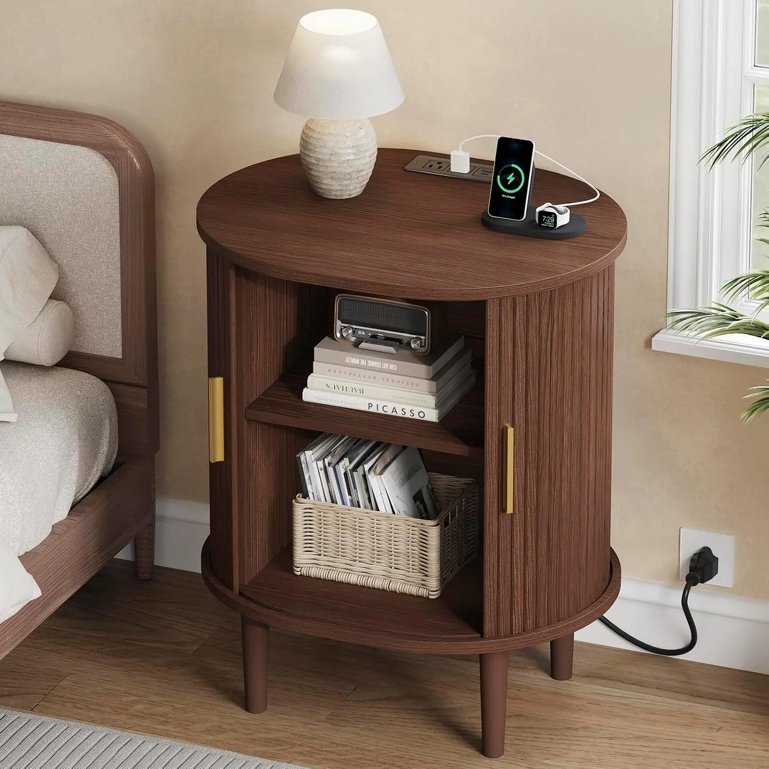 Mid Century Modern Bedside Table - Walnut Nightstand with Charging Ports, Fluted Accents, Sliding Door, Adjustable Shelf, Solid Wood Legs, Small Space End Table for Bedroom, Living Room Sofa Side, Modern Round