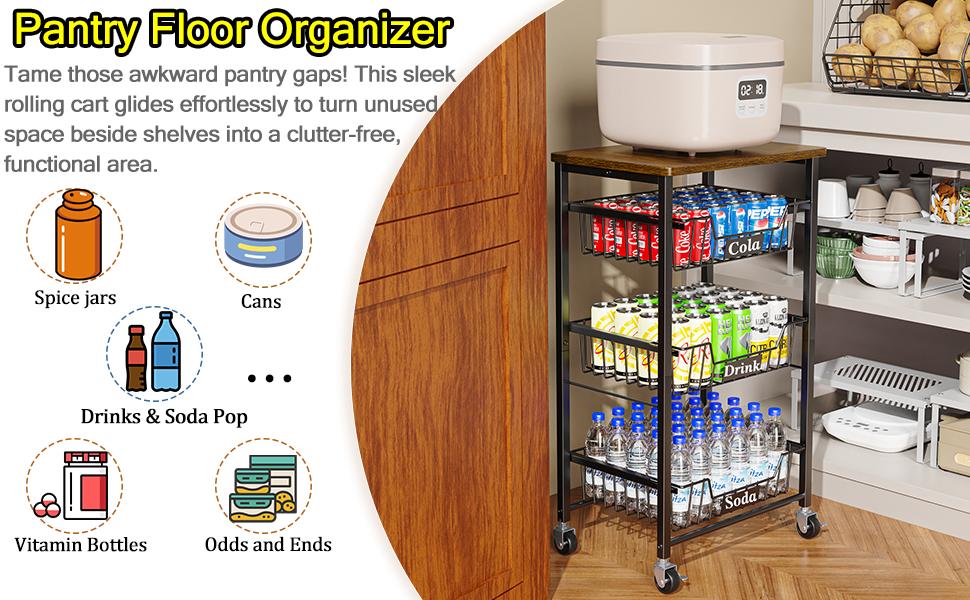 4-Tier Small Kitchen Storage Cart on Wheels, Metal Fruit Basket Stand with Pull-Out Baskets & Wood Top for Potato Onion Produce Snack Veggies