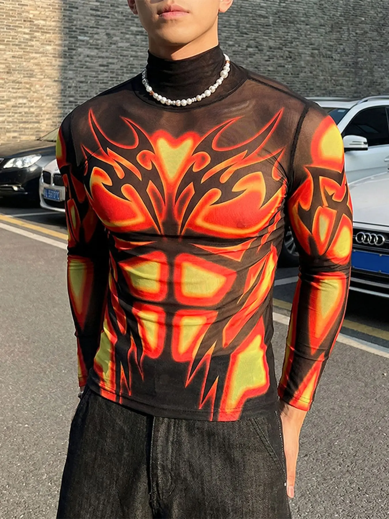 INCERUN Men's Fashion Casual Top, Thermal Imaging Print Mesh Long Sleeve T-Shirt, Perfect for Party, Stylish and Comfortable