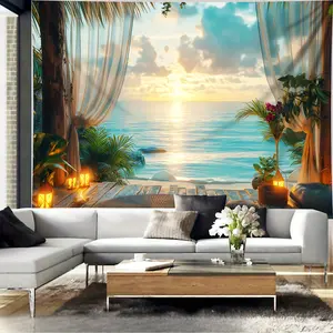 Seaside Sunrise Landscape Backdrop Party Backdrop Birthday Decoration Photo Background Wall Decor Event Decoration Photography Background Summer Holiday Coastal Celebration Premium Polyester Fabric Indoor Outdoor Decor