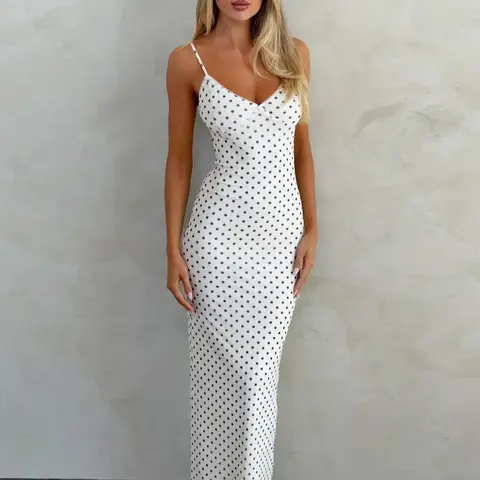 Women's Polka Dot Print Contrast Mesh V Neck Sleeveless Spaghetti Strap Slip Dress, Camisole dress, Bodycon Cut Sexy Backless Slim Fit Cami Long Dress, Party Club Date Daily Casual Maxi Dresses Summer