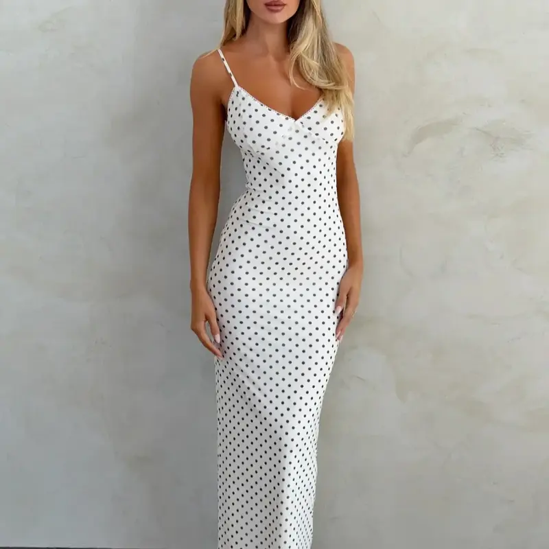 Women's Polka Dot Print Contrast Mesh V Neck Sleeveless Spaghetti Strap Slip Dress, Camisole dress, Bodycon Cut Sexy Backless Slim Fit Cami Long Dress, Party Club Date Daily Casual Maxi Dresses Summer