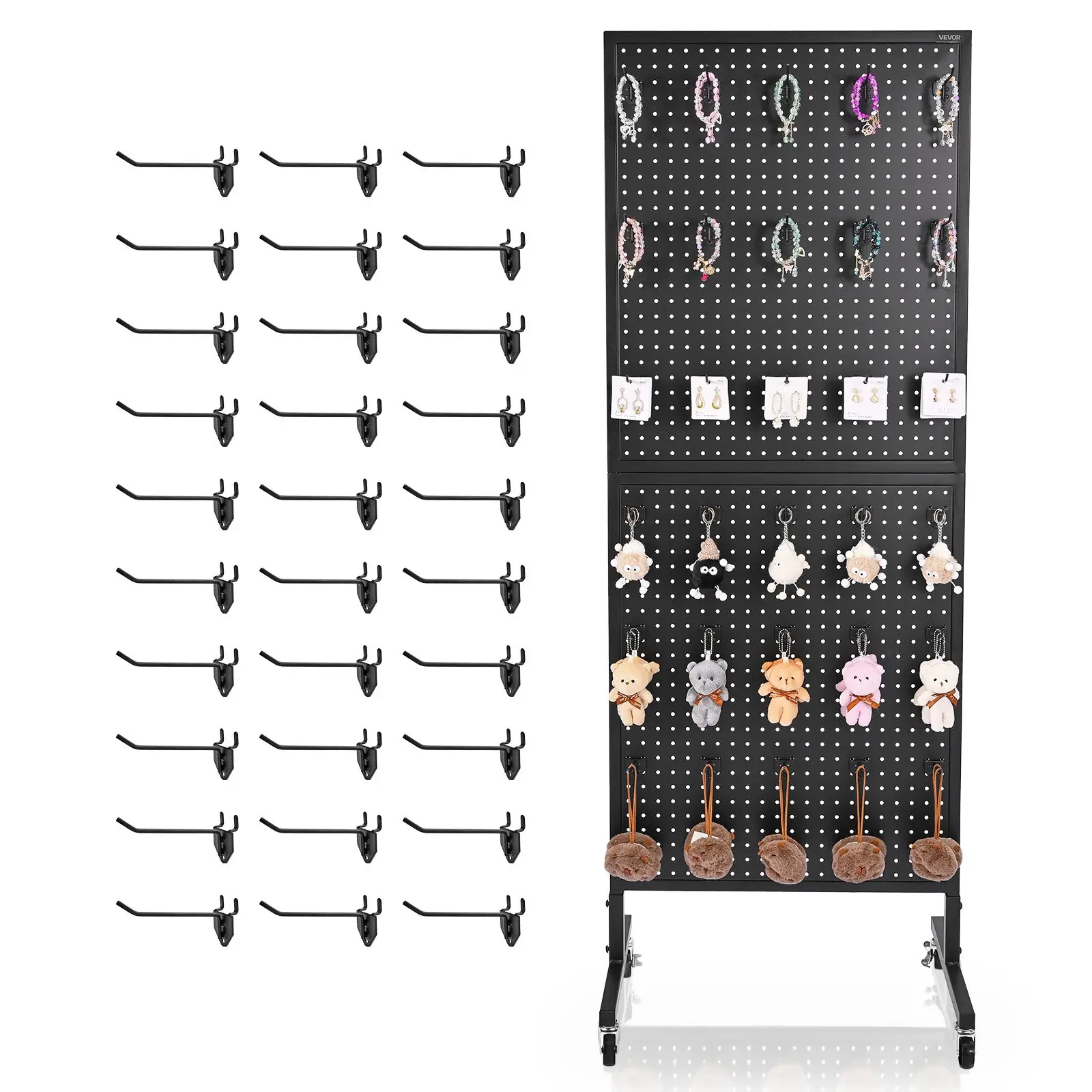 VEVOR Standing Pegboard Rack Organiser, 23.6x63 in Hanging Display Stand with Swivel Casters, 30 Hooks & Thick Cold-Rolled Steel Panel for Retail, Grocery Stores, Black