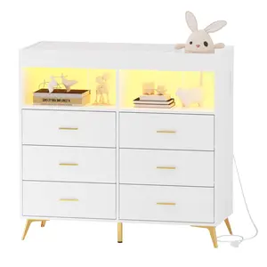 Modern Baby Changing Table Dresser with Drawer Smart Nursery Changing Table with LED Light Power Outlet 6 Drawer Dresser for Bedroom Removable Top Clothes Storage Cabinet Changing Station for Infants Newborns Odorless MDF