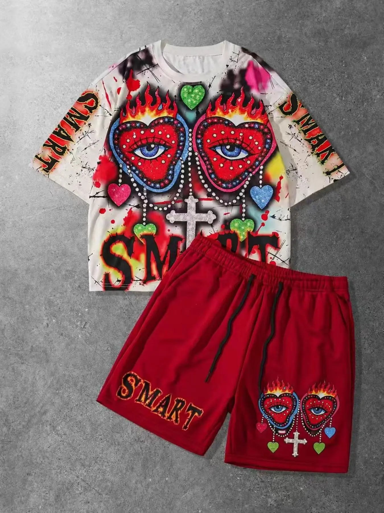 Streetwear Hip-Hop Graffiti Print Set, American Style Loose T-Shirt + Shorts, Unisex Casual, Long Fitted Clothing, Fashion Outfit, Casual Matching Sets