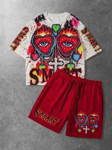 High Street Y2K Style Smart Heart Print Casual Two-Piece Set, Loose-Fitting Striped Suit, Trendy Streetwear for Men