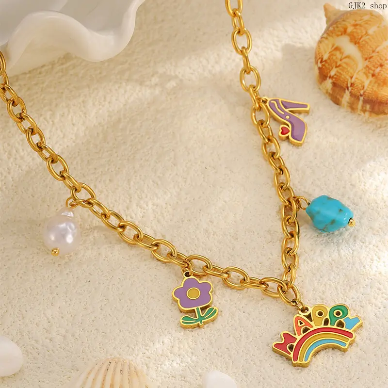 Gold‑Tone Colorful Enamel Charm Necklace, Rainbow Flower High‑Heel Pearl & Turquoise Pendant Necklace, Bohemian Fashion Jewelry for Women Daily Wear