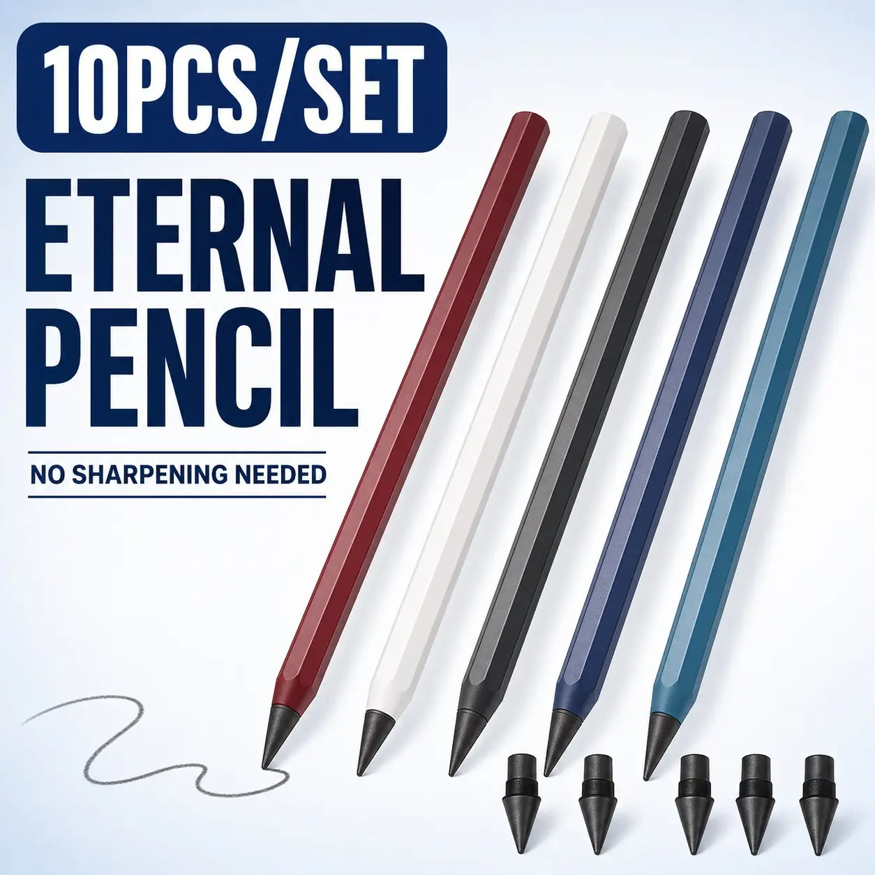 10pcs/set (5 pens+5 pen tips) metal eternal affordable set, never sharpening eternal inkless pencil, very suitable for sketching, painting, school supplies and school seasons, teacher gifts, office stationery set, Multifunctional Stationery