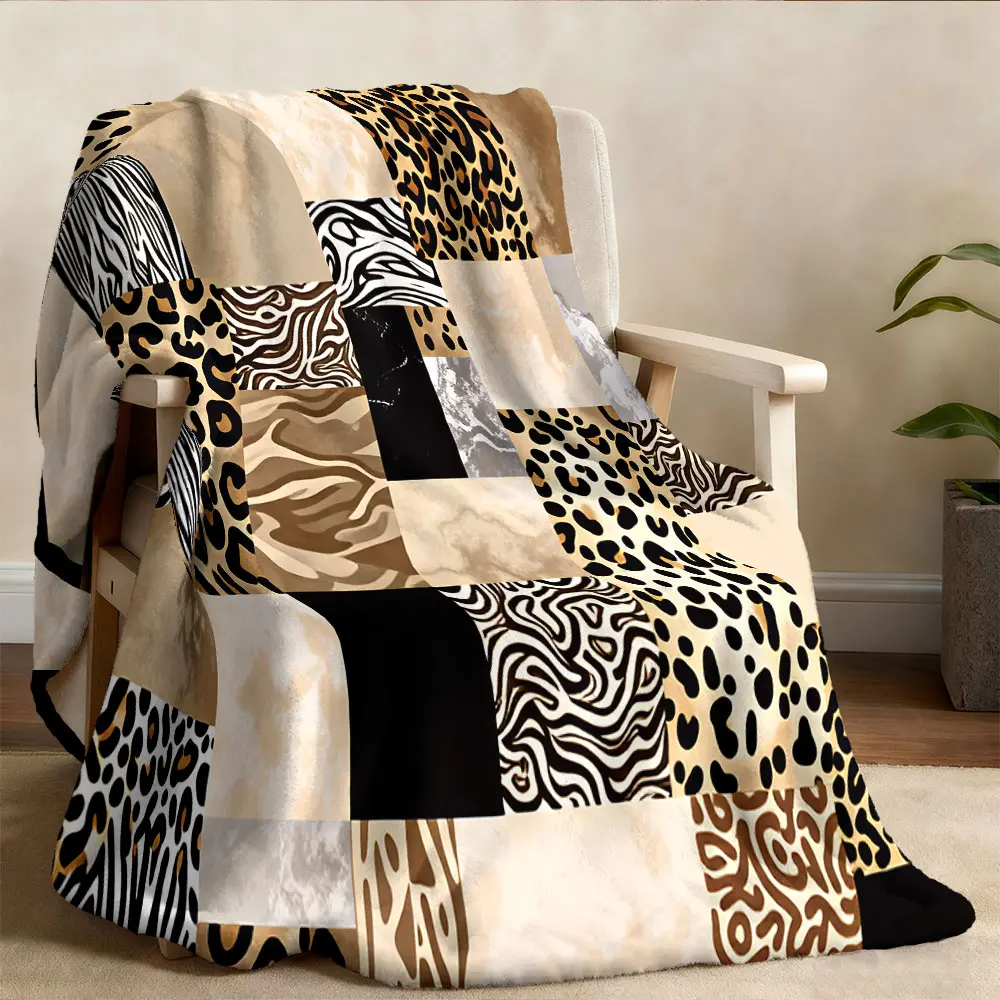 1pc Vintage Patchwork Leopard Zebra Animal Print Soft Comfortable Printed Flannel Shawl Blanket for Home Office Camping Sofa Bedspread Bed Warm Outdoor Blanket, Cozy Flannel Blanket, Ideal Gift