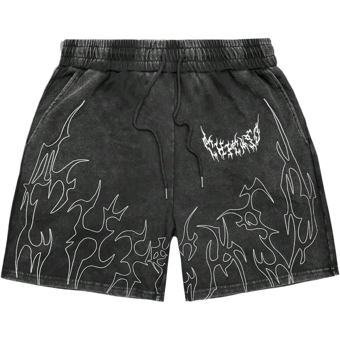 Men's Lightning Graphic Gothic Distressed Y2k Workout Track Shorts | Vintage Washed Grunge Bottoms, Athletic Gym Outfits, Drippy Streetwear Clothes